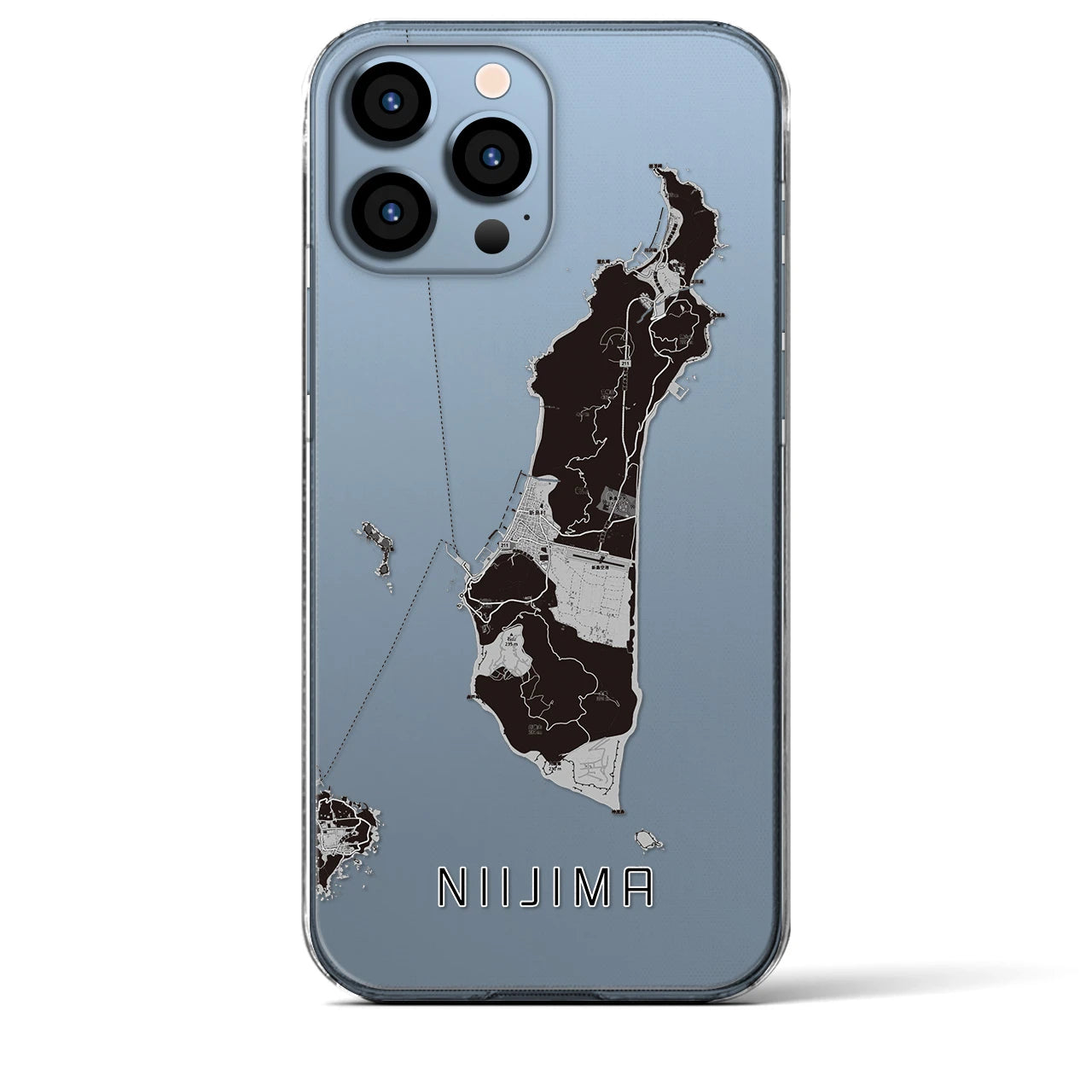 【新島（東京都）】地図柄iPhoneケース（クリアタイプ）モノトーン・iPhone 13 Pro Max 用