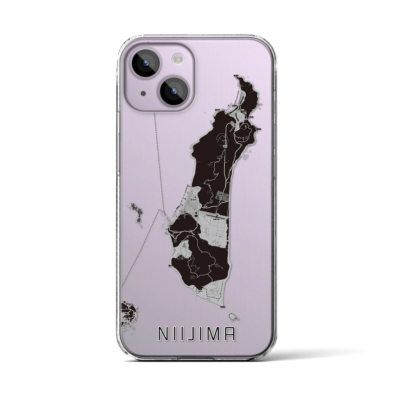 【新島（東京都）】地図柄iPhoneケース（クリアタイプ）モノトーン・iPhone 14 用