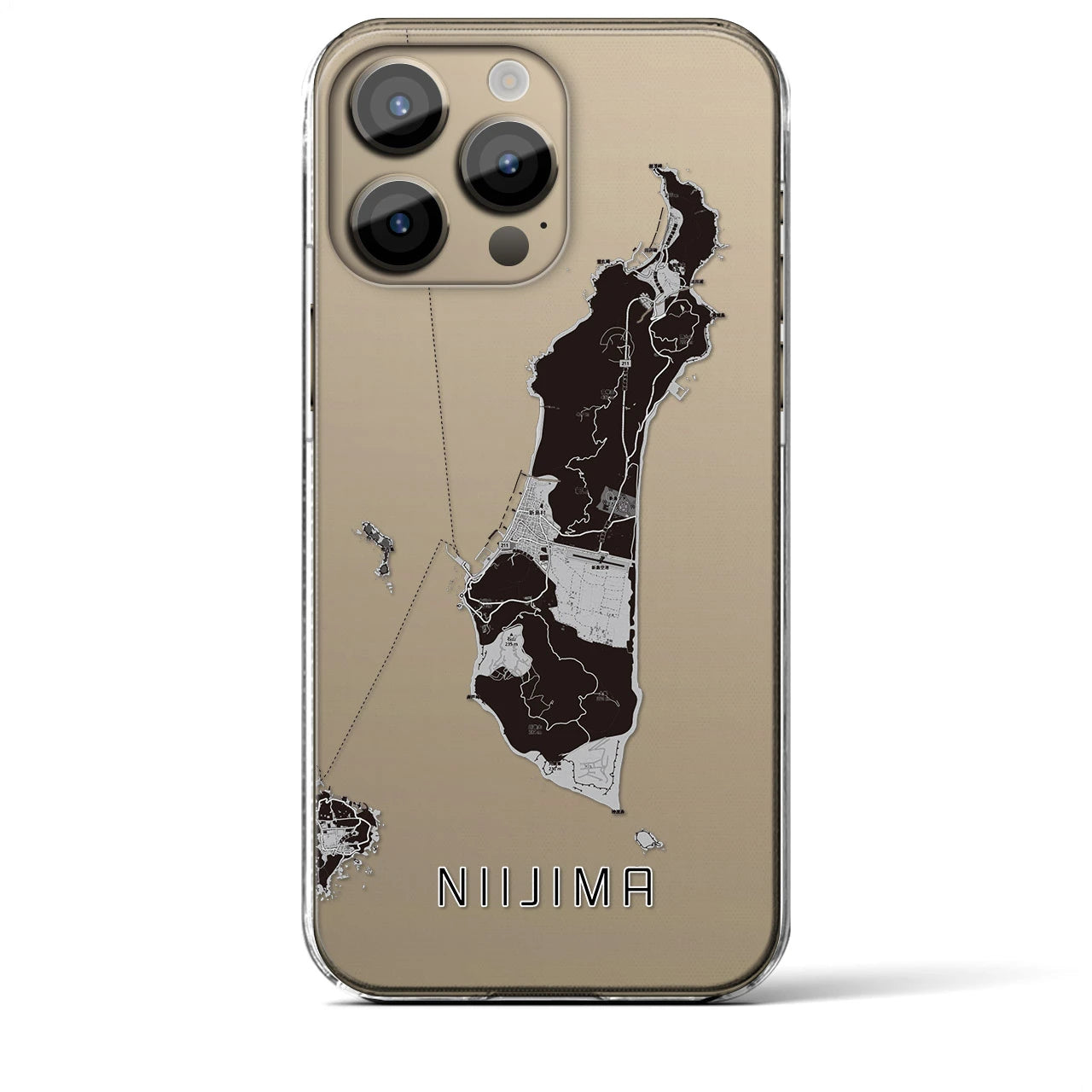 【新島（東京都）】地図柄iPhoneケース（クリアタイプ）モノトーン・iPhone 14 Pro Max 用