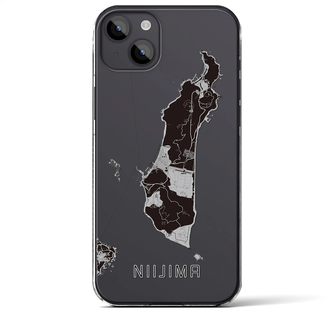 【新島（東京都）】地図柄iPhoneケース（クリアタイプ）モノトーン・iPhone 14 Plus 用