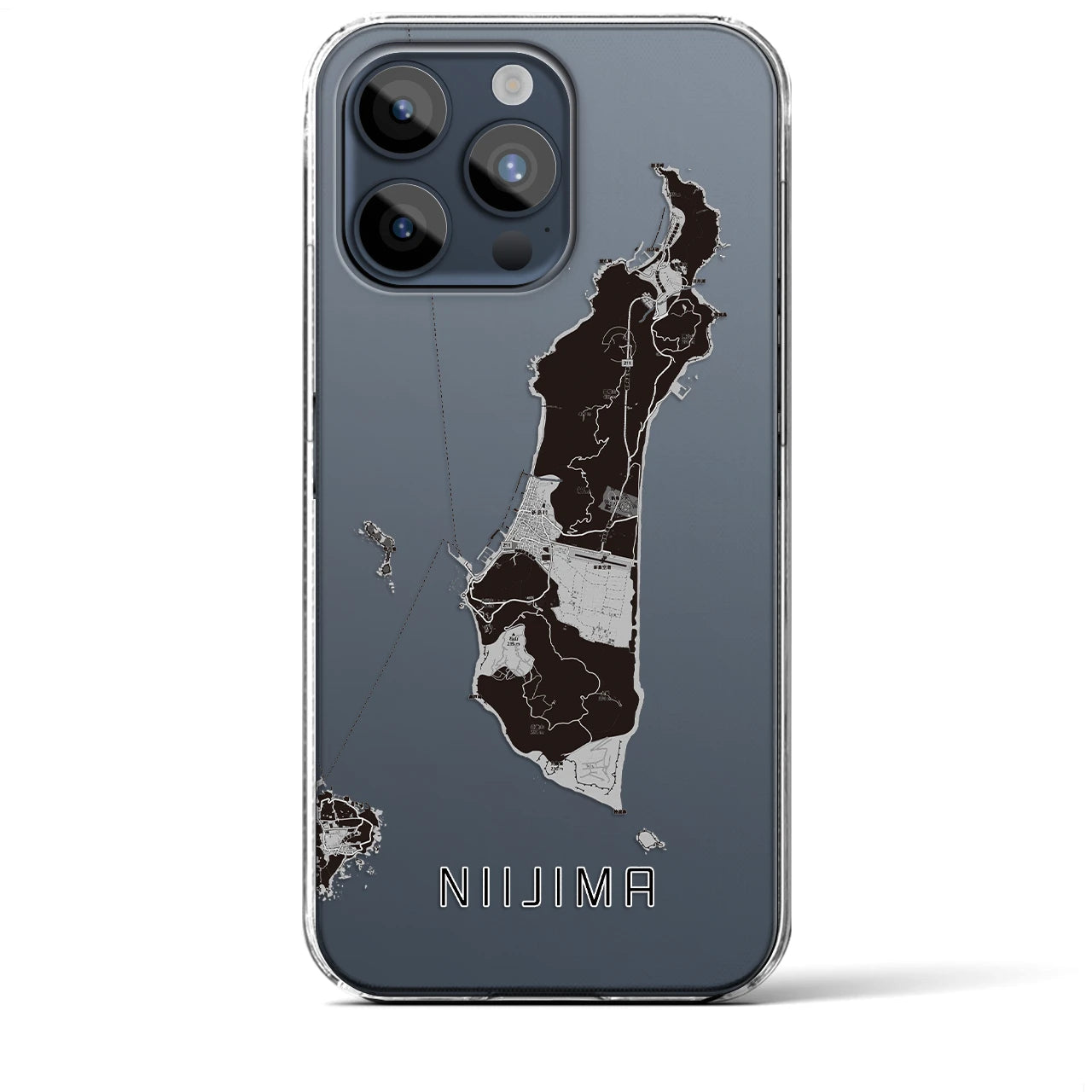 【新島（東京都）】地図柄iPhoneケース（クリアタイプ）モノトーン・iPhone 15 Pro Max 用