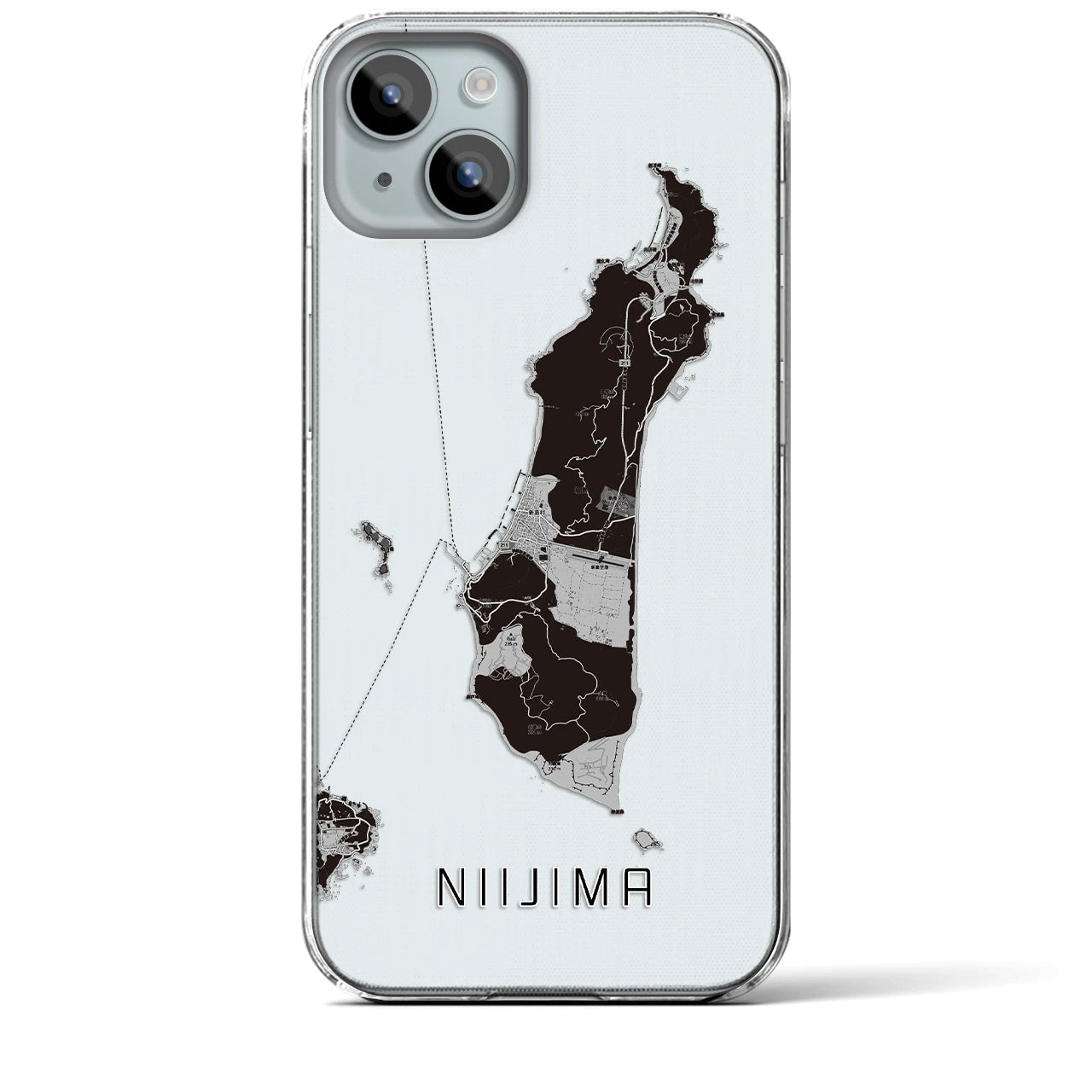 【新島（東京都）】地図柄iPhoneケース（クリアタイプ）モノトーン・iPhone 15 Plus 用