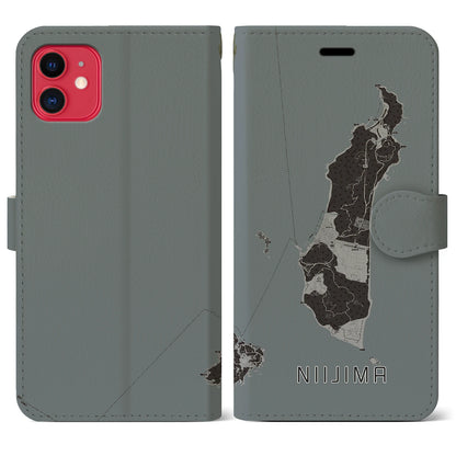 【新島（東京都）】地図柄iPhoneケース（手帳タイプ）モノトーン・iPhone 11 用