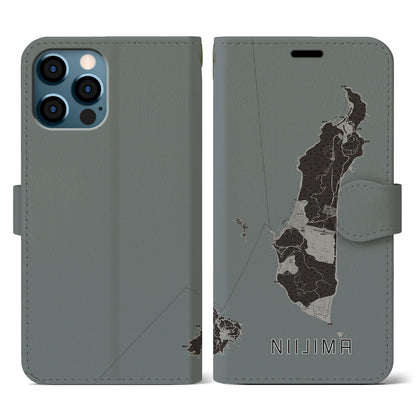 【新島（東京都）】地図柄iPhoneケース（手帳タイプ）モノトーン・iPhone 12 / 12 Pro 用