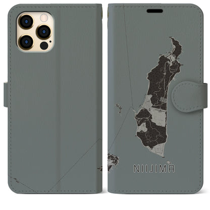 【新島（東京都）】地図柄iPhoneケース（手帳タイプ）モノトーン・iPhone 12 Pro Max 用