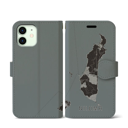 【新島（東京都）】地図柄iPhoneケース（手帳タイプ）モノトーン・iPhone 12 mini 用