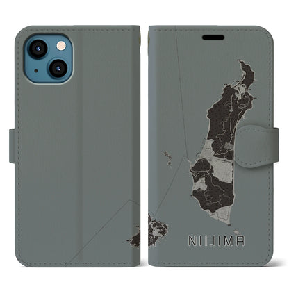 【新島（東京都）】地図柄iPhoneケース（手帳タイプ）モノトーン・iPhone 13 用
