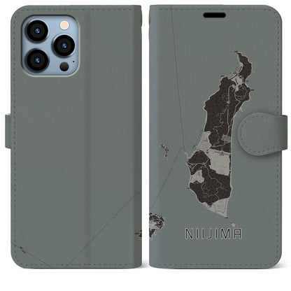 【新島（東京都）】地図柄iPhoneケース（手帳タイプ）モノトーン・iPhone 13 Pro Max 用
