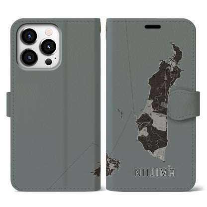 【新島（東京都）】地図柄iPhoneケース（手帳タイプ）モノトーン・iPhone 13 Pro 用