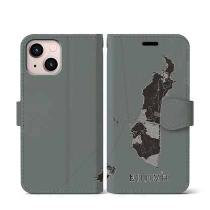 【新島（東京都）】地図柄iPhoneケース（手帳タイプ）モノトーン・iPhone 13 mini 用