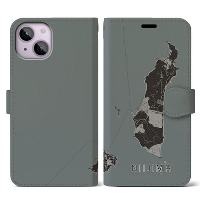 【新島（東京都）】地図柄iPhoneケース（手帳タイプ）モノトーン・iPhone 14 用