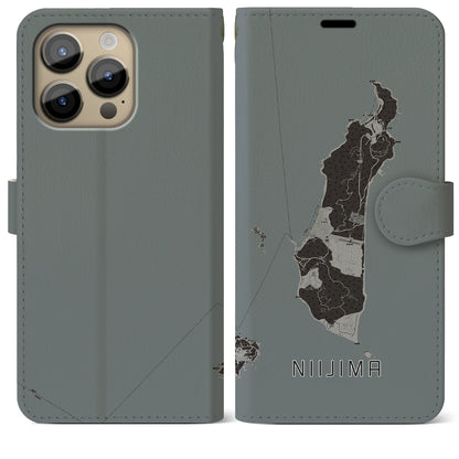 【新島（東京都）】地図柄iPhoneケース（手帳タイプ）モノトーン・iPhone 14 Pro Max 用