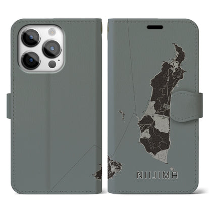 【新島（東京都）】地図柄iPhoneケース（手帳タイプ）モノトーン・iPhone 14 Pro 用