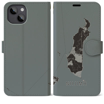 【新島（東京都）】地図柄iPhoneケース（手帳タイプ）モノトーン・iPhone 14 Plus 用