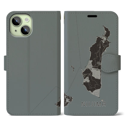 【新島（東京都）】地図柄iPhoneケース（手帳タイプ）モノトーン・iPhone 15 用
