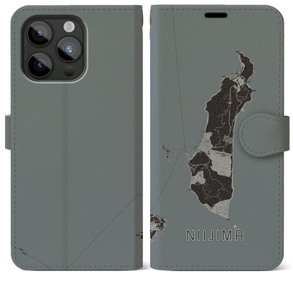 【新島（東京都）】地図柄iPhoneケース（手帳タイプ）モノトーン・iPhone 15 Pro Max 用