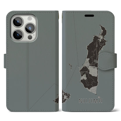 【新島（東京都）】地図柄iPhoneケース（手帳タイプ）モノトーン・iPhone 15 Pro 用
