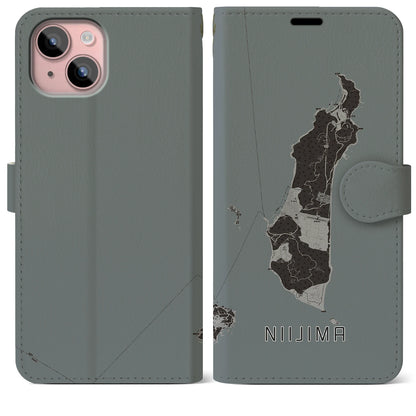 【新島（東京都）】地図柄iPhoneケース（手帳タイプ）モノトーン・iPhone 15 Plus 用