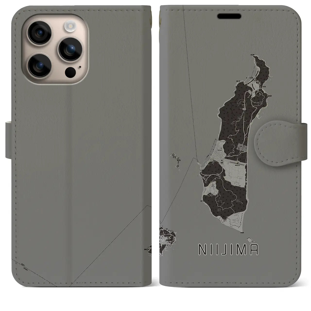 【新島（東京都）】地図柄iPhoneケース（手帳タイプ）モノトーン・iPhone 16 Plus 用