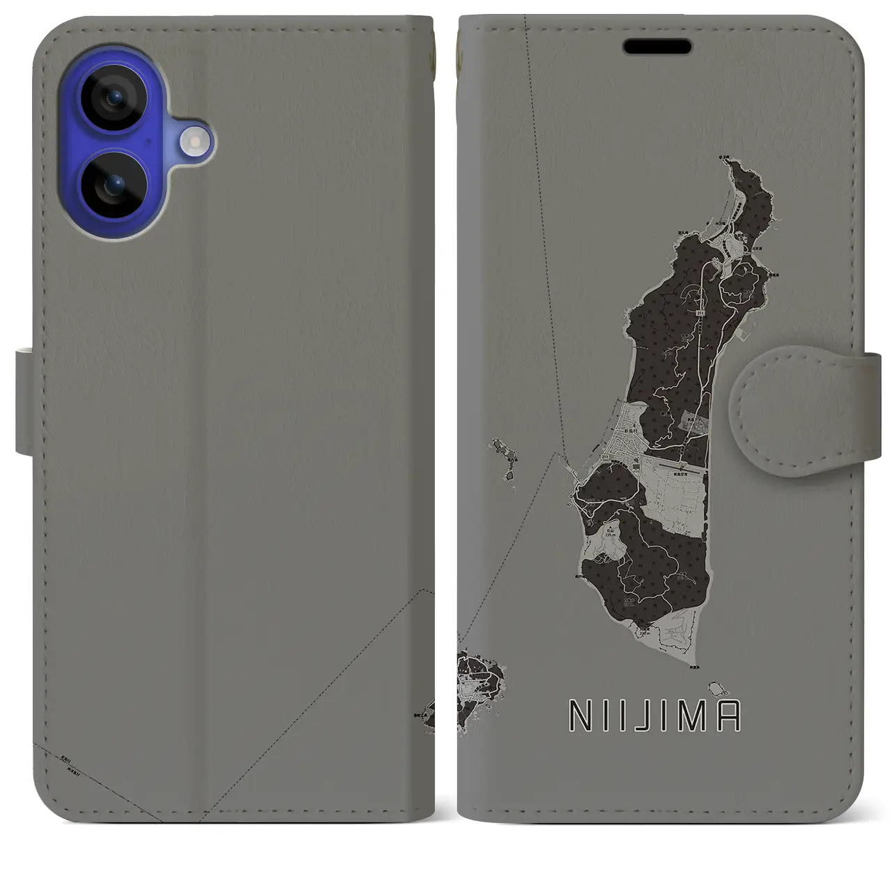 【新島（東京都）】地図柄iPhoneケース（手帳タイプ）モノトーン・iPhone 16 Pro Max 用