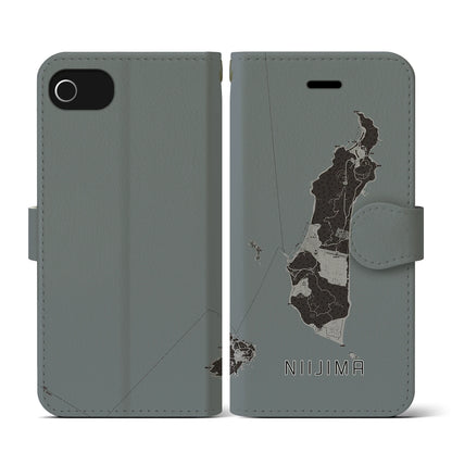 【新島（東京都）】地図柄iPhoneケース（手帳タイプ）モノトーン・iPhone SE（第3 / 第2世代） / 8 / 7 / 6s / 6 用