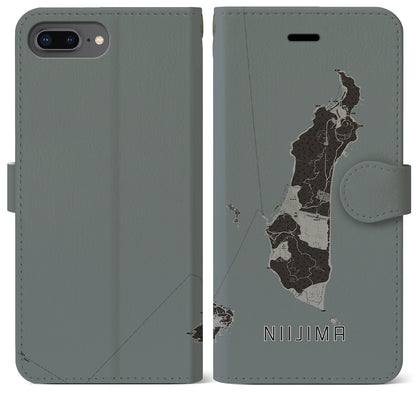 【新島（東京都）】地図柄iPhoneケース（手帳タイプ）モノトーン・iPhone 8Plus /7Plus / 6sPlus / 6Plus 用