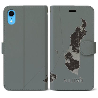 【新島（東京都）】地図柄iPhoneケース（手帳タイプ）モノトーン・iPhone XR 用