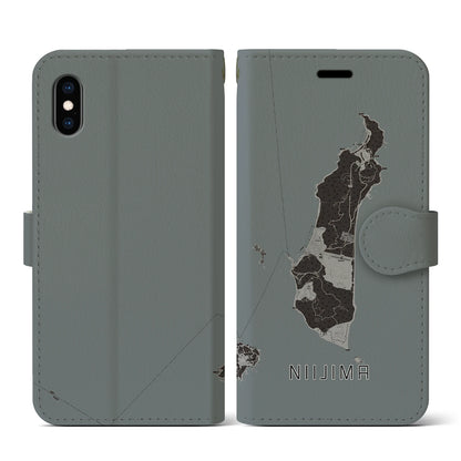 【新島（東京都）】地図柄iPhoneケース（手帳タイプ）モノトーン・iPhone XS / X 用