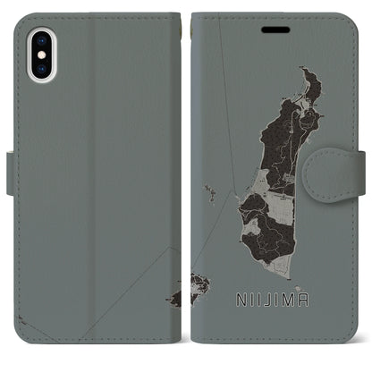 【新島（東京都）】地図柄iPhoneケース（手帳タイプ）モノトーン・iPhone XS Max 用