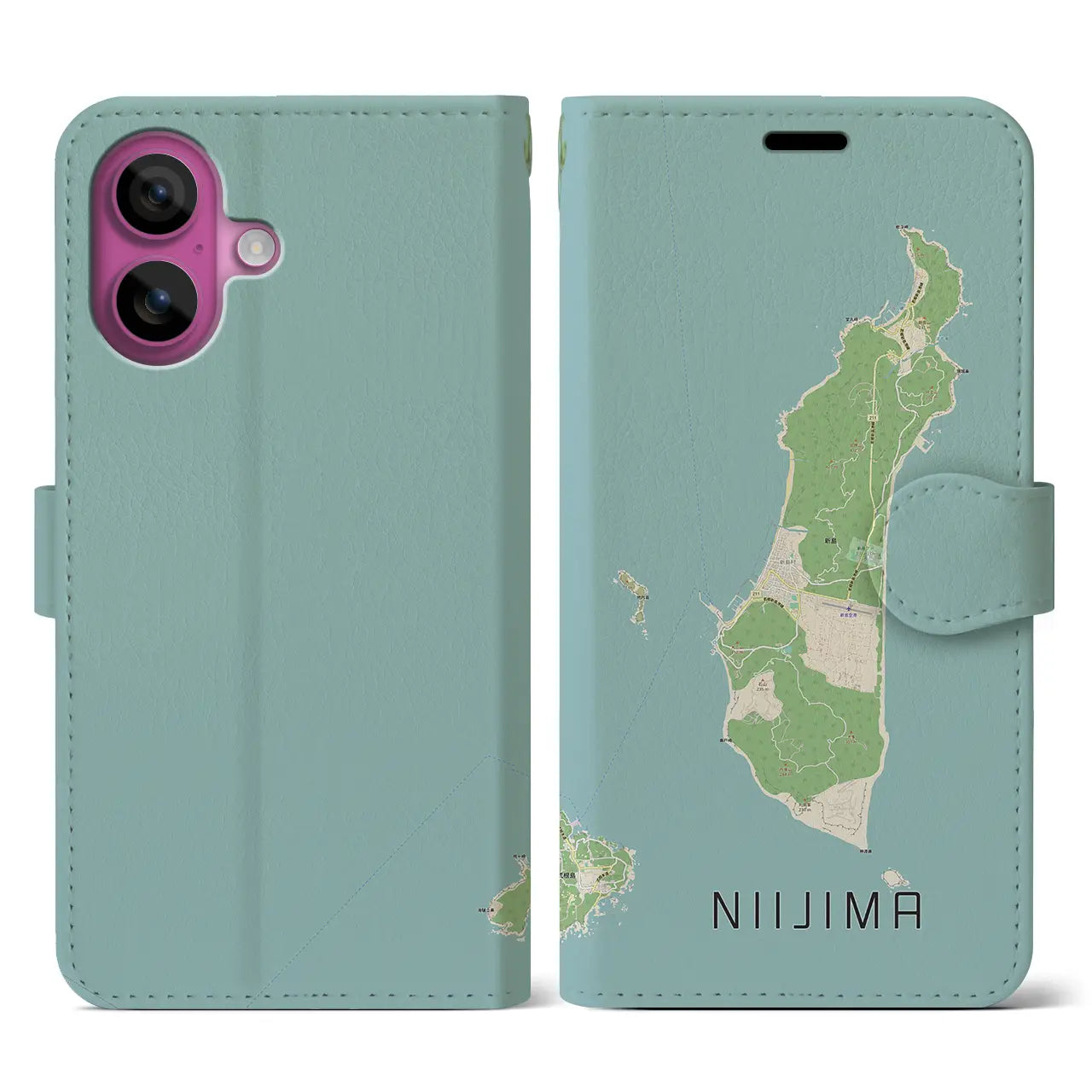 【新島（東京都）】地図柄iPhoneケース（手帳タイプ）ナチュラル・iPhone 16 Pro 用