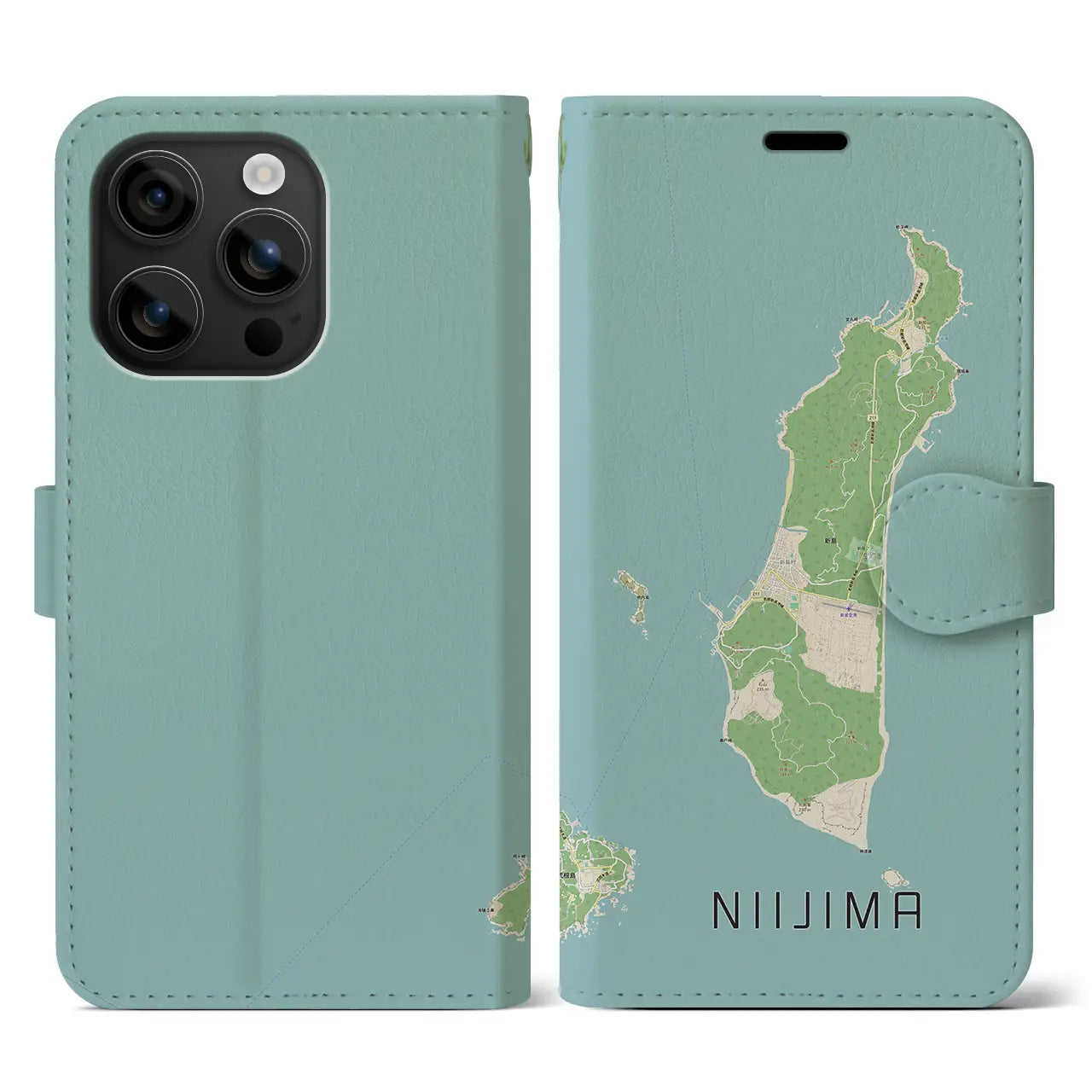 【新島（東京都）】地図柄iPhoneケース（手帳タイプ）ナチュラル・iPhone 16 用