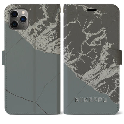 【新冠（北海道）】地図柄iPhoneケース（手帳タイプ）モノトーン・iPhone 11 Pro Max 用