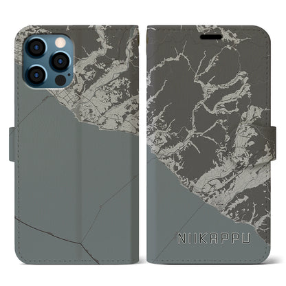 【新冠（北海道）】地図柄iPhoneケース（手帳タイプ）モノトーン・iPhone 12 / 12 Pro 用