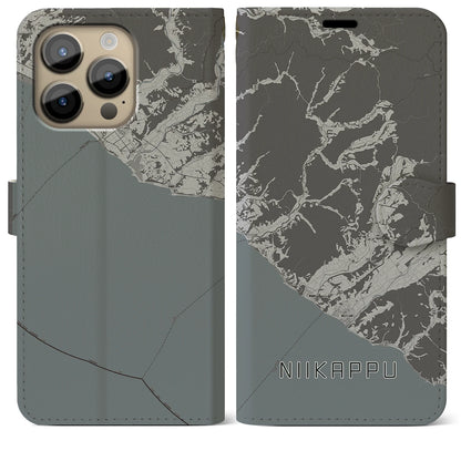 【新冠（北海道）】地図柄iPhoneケース（手帳タイプ）モノトーン・iPhone 14 Pro Max 用