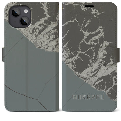 【新冠（北海道）】地図柄iPhoneケース（手帳タイプ）モノトーン・iPhone 14 Plus 用