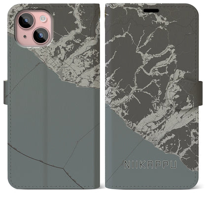 【新冠（北海道）】地図柄iPhoneケース（手帳タイプ）モノトーン・iPhone 15 Plus 用