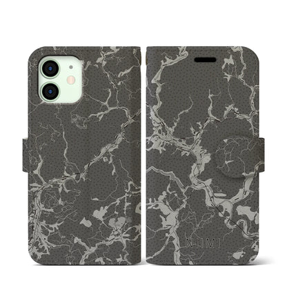 【新見（岡山県）】地図柄iPhoneケース（手帳タイプ）モノトーン・iPhone 12 mini 用