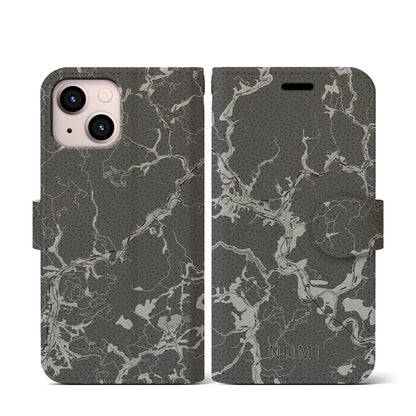 【新見（岡山県）】地図柄iPhoneケース（手帳タイプ）モノトーン・iPhone 13 mini 用