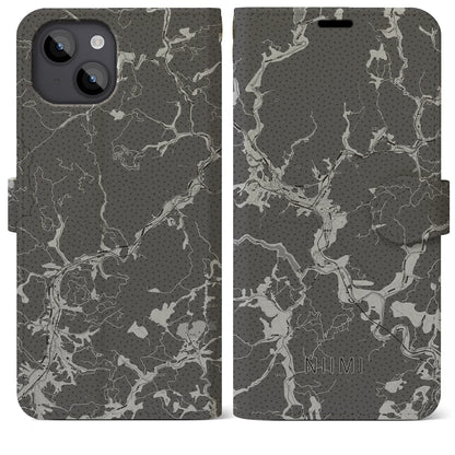 【新見（岡山県）】地図柄iPhoneケース（手帳タイプ）モノトーン・iPhone 14 Plus 用