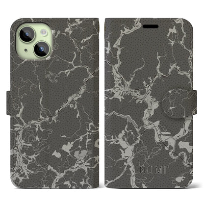 【新見（岡山県）】地図柄iPhoneケース（手帳タイプ）モノトーン・iPhone 15 用