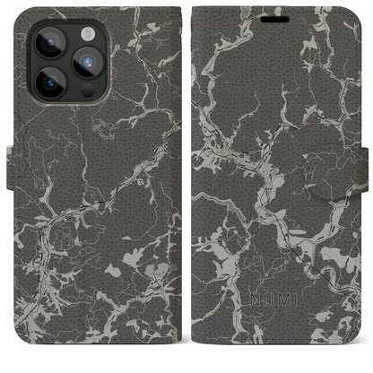 【新見（岡山県）】地図柄iPhoneケース（手帳タイプ）モノトーン・iPhone 15 Pro Max 用