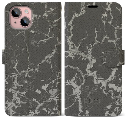 【新見（岡山県）】地図柄iPhoneケース（手帳タイプ）モノトーン・iPhone 15 Plus 用