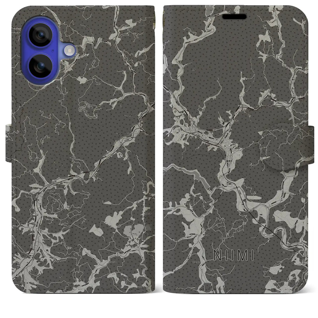 【新見(岡山県)】地図柄iPhoneケース(手帳タイプ)モノトーン・iPhone 16 Pro Max 用