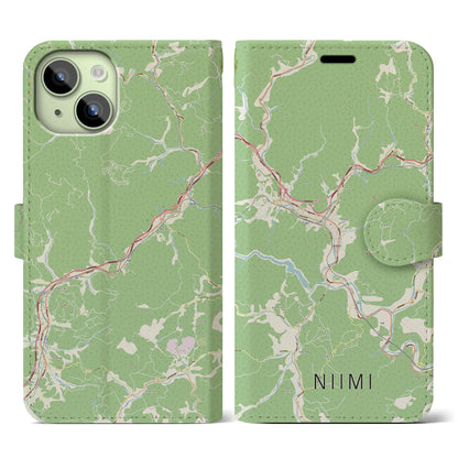 【新見（岡山県）】地図柄iPhoneケース（手帳タイプ）ナチュラル・iPhone 15 用