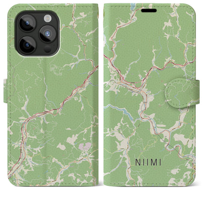 【新見（岡山県）】地図柄iPhoneケース（手帳タイプ）ナチュラル・iPhone 15 Pro Max 用