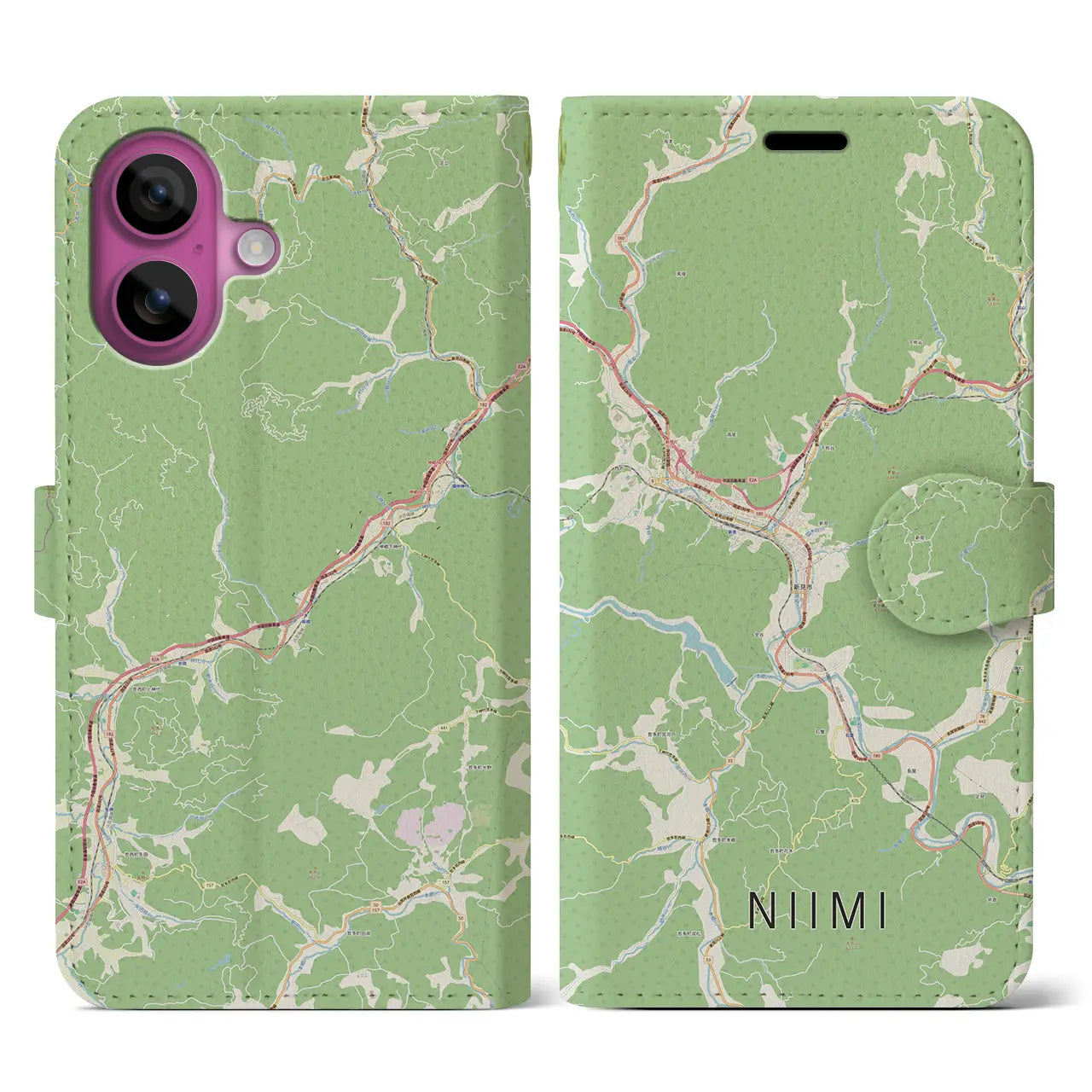 【新見（岡山県）】地図柄iPhoneケース（手帳タイプ）ナチュラル・iPhone 16 Pro 用