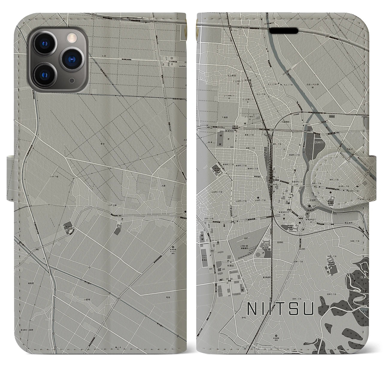 【新津】地図柄iPhoneケース（手帳両面タイプ・モノトーン）iPhone 11 Pro Max 用