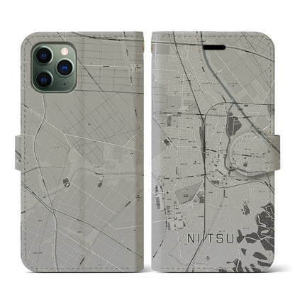 【新津（新潟県）】地図柄iPhoneケース（手帳タイプ）モノトーン・iPhone 11 Pro 用