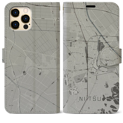 【新津（新潟県）】地図柄iPhoneケース（手帳タイプ）モノトーン・iPhone 12 Pro Max 用