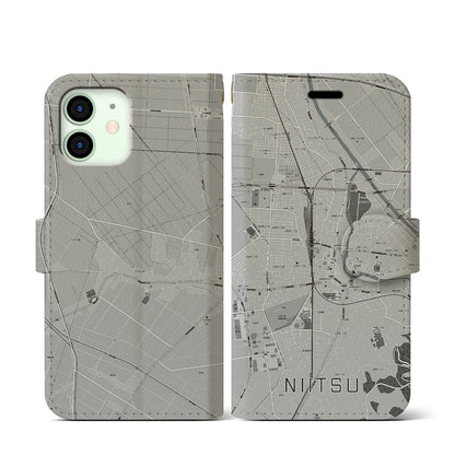 【新津（新潟県）】地図柄iPhoneケース（手帳タイプ）モノトーン・iPhone 12 mini 用